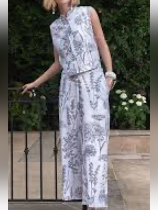 Picadilly Pants - Picadilly Sleeveless Vest with matching White & Gray Printed Wide-Leg pants.